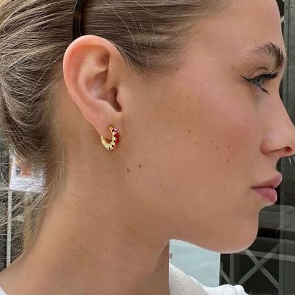 14K Yellow Gold 925 Sterling Silver with Ruby Red Cubic Zirconia Huggie Earrings - Picture 5 of 7